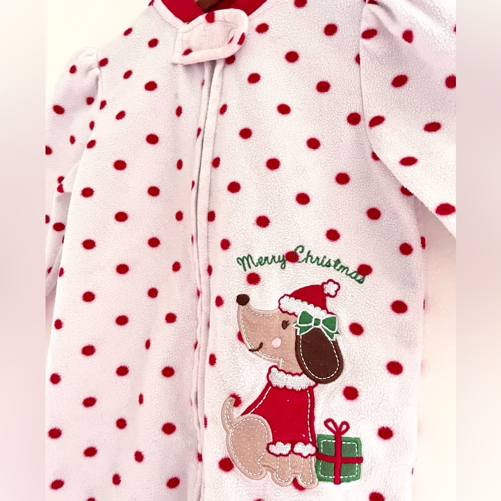 $6 💥Christmas Fleece Sleeper Pajamas, 🐶 Puppy Dog, Red & White Polka Dots